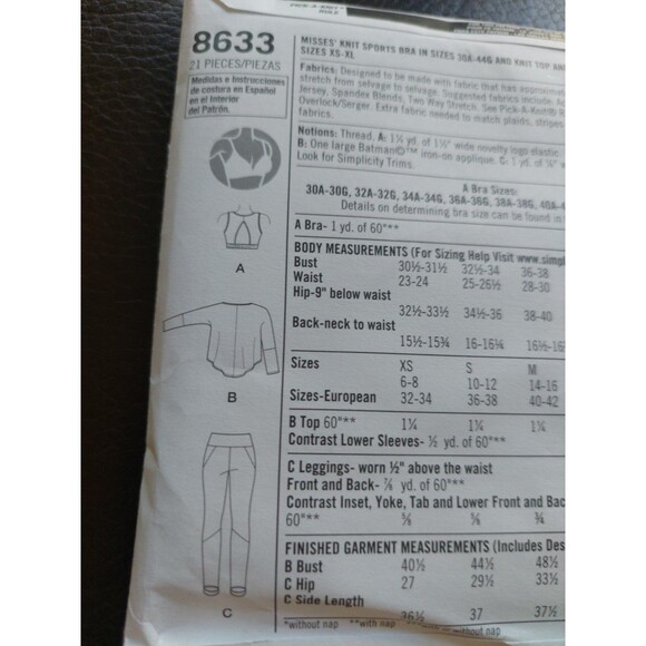 Simplicity Pattern 8633 A Bat Girl Knit Sports Bra 30A 44G  UNCUT - Picture 8 of 11